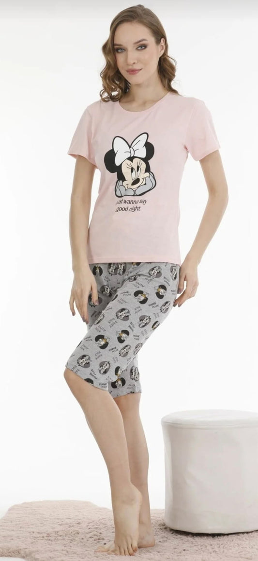 Tişört Kapri Pijama Takım Mickey Mouse Desenli Penye Kumaş