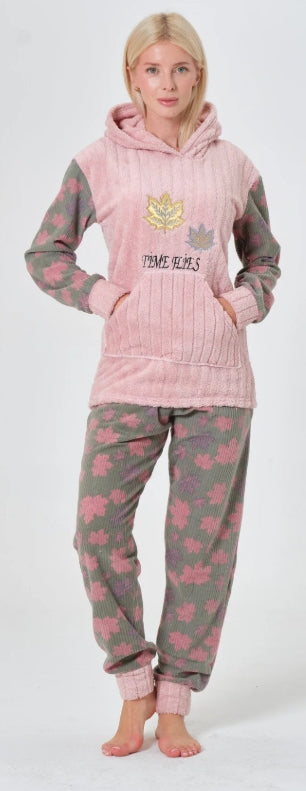 Kışlık Yaprak Desenli Kapüşonlu ve Kanguru Cepli İkili Polar Peluş Pijama Takım